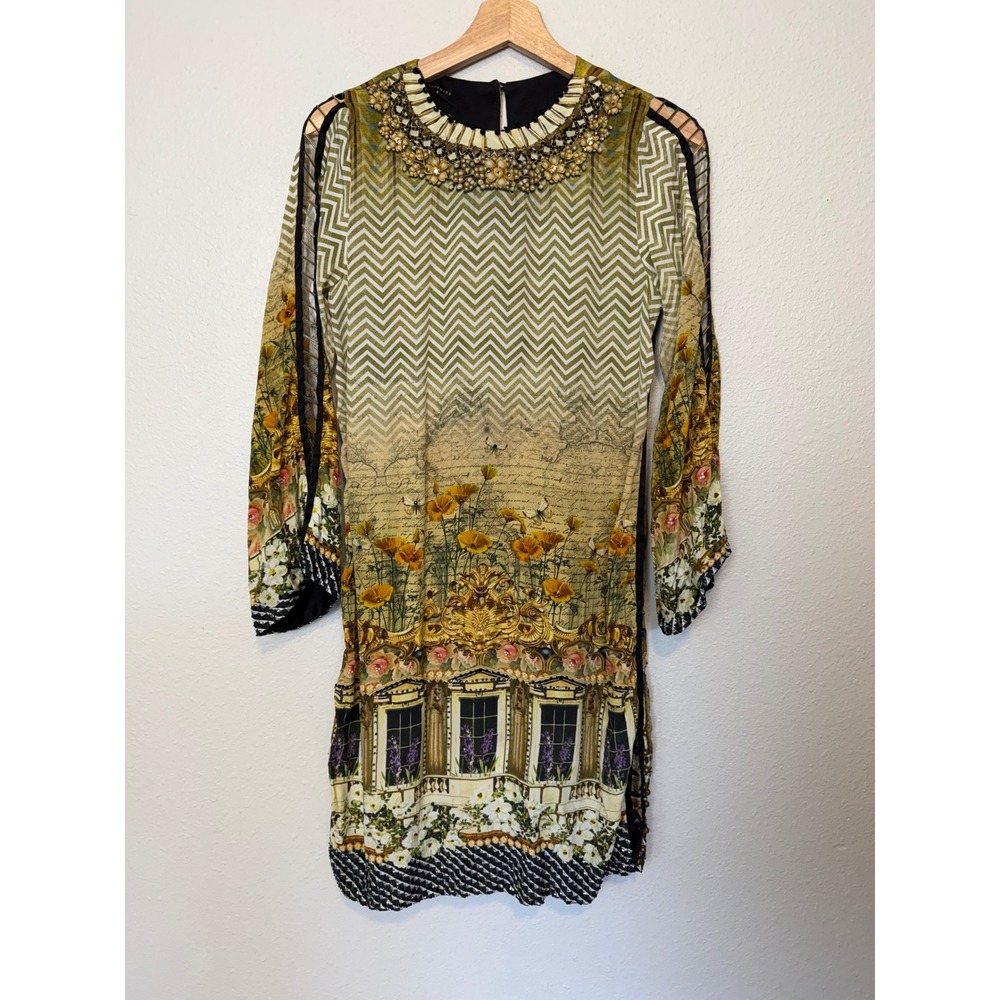 Sapphire 1oo%Silk Beaded Kurta Tunic Dress Small Green Gold Floral Embellished S
